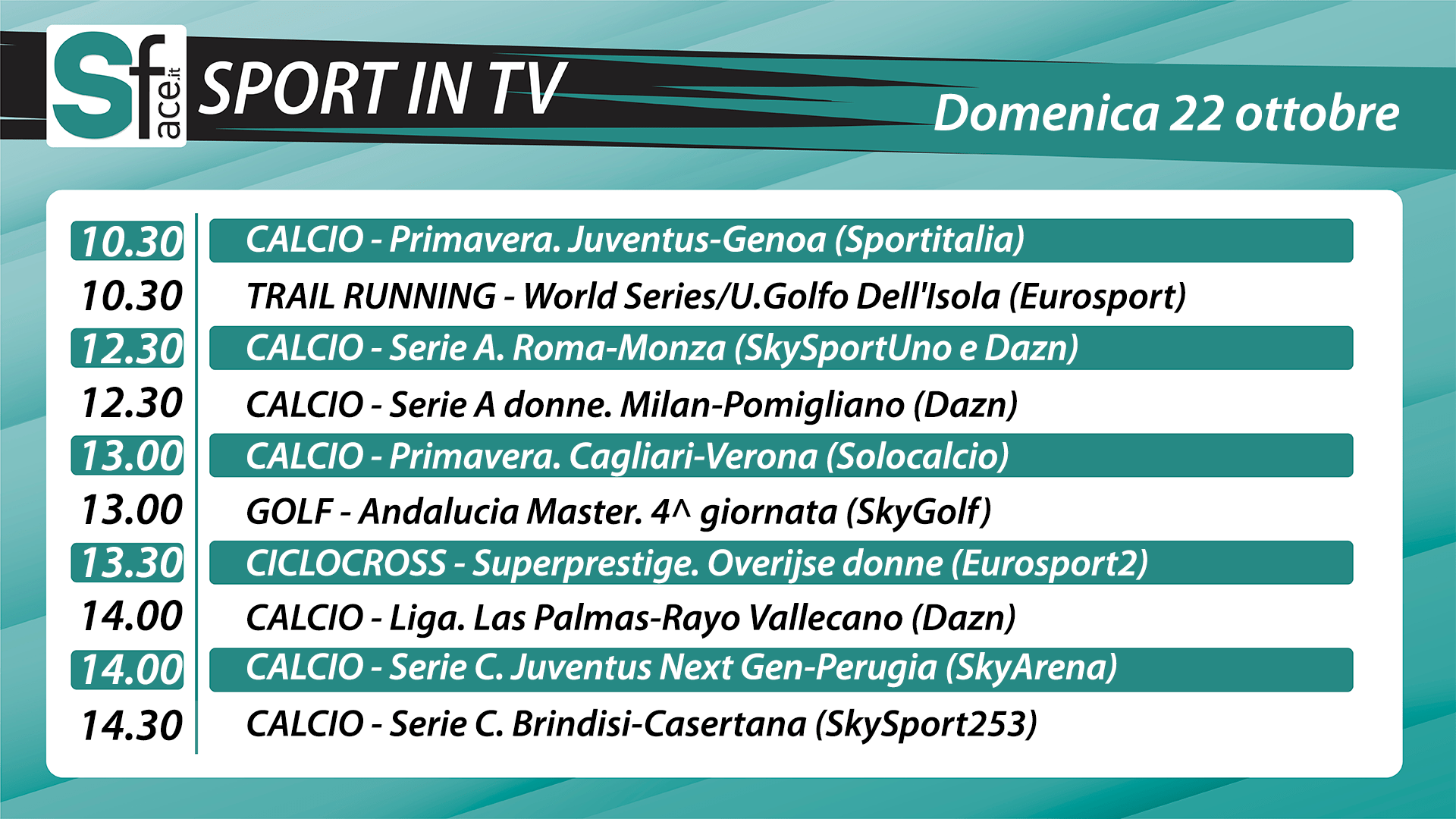 SPORT IN TV OGGI DOMENICA 22 ottobre programma e orari di tutti gli eventi