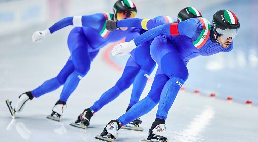TOMASZOW MAZOWIECKI, POLAND - FEBRUARY 10: Team Italy compete in the Men's Team Pursuit during the ISU World Cup Speed Skating at Arena Lodowa on February 10, 2023 in Tomaszow Mazowiecki, Poland. (Photo by Joosep Martinson - International Skating Union/International Skating Union via Getty Images)