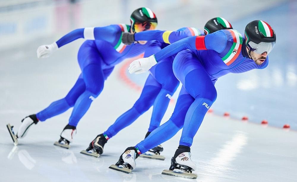 TOMASZOW MAZOWIECKI, POLAND - FEBRUARY 10: Team Italy compete in the Men's Team Pursuit during the ISU World Cup Speed Skating at Arena Lodowa on February 10, 2023 in Tomaszow Mazowiecki, Poland. (Photo by Joosep Martinson - International Skating Union/International Skating Union via Getty Images)