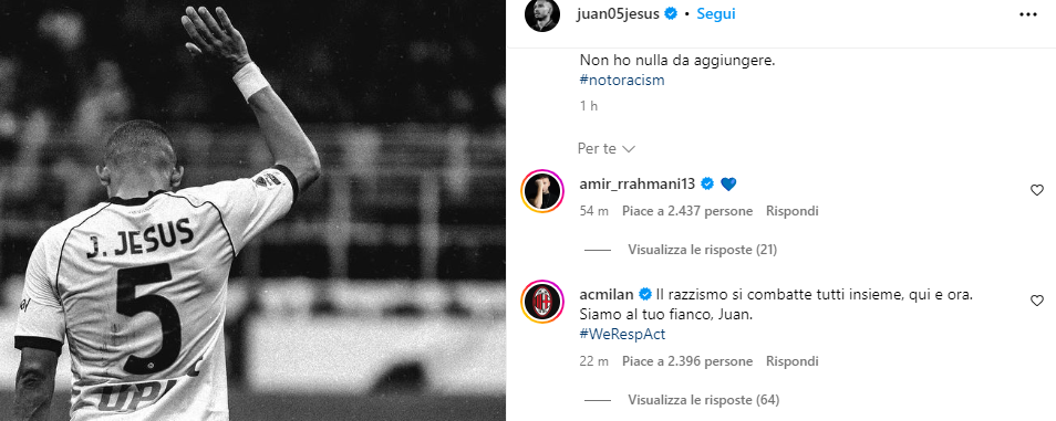 Il Milan commenta il post di Juan Jesus: “Il razzismo si combatte insieme. Siamo al tuo fianco” (FOTO)