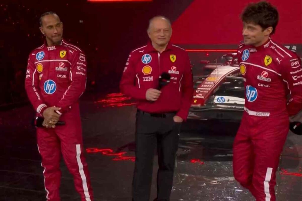 Lewis Hamilton e Charles Leclerc, piloti Ferrari, e Frederic Vasseur, team principal Ferrari