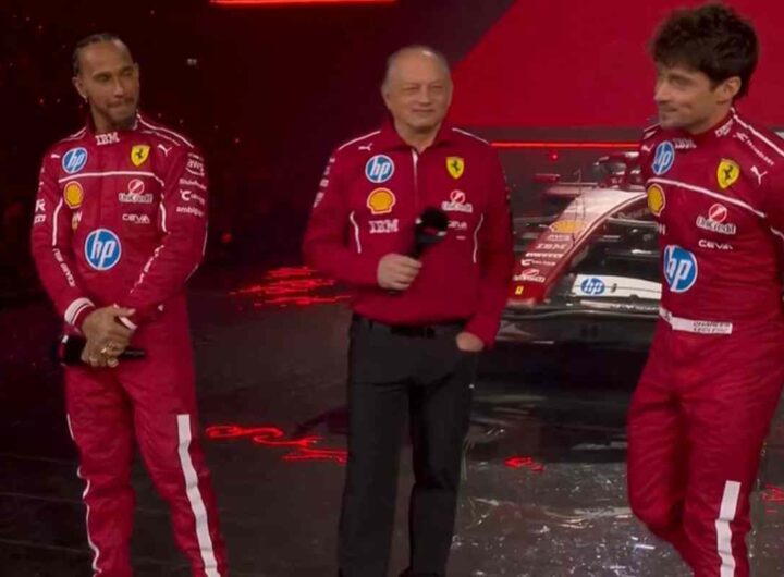 Lewis Hamilton e Charles Leclerc, piloti Ferrari, e Frederic Vasseur, team principal Ferrari