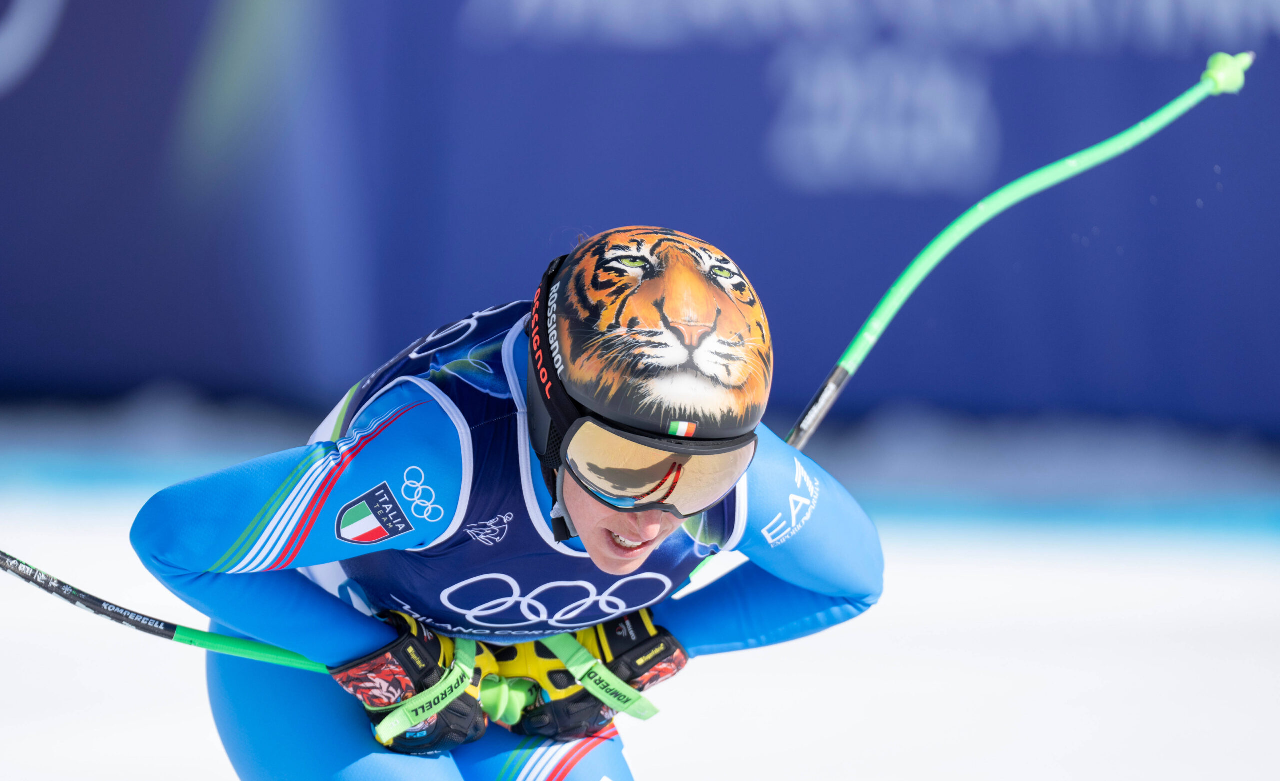 Cortina, Giochi Olimpici Milano Cortina 2026 Federica Brignone e il casco con la tigre