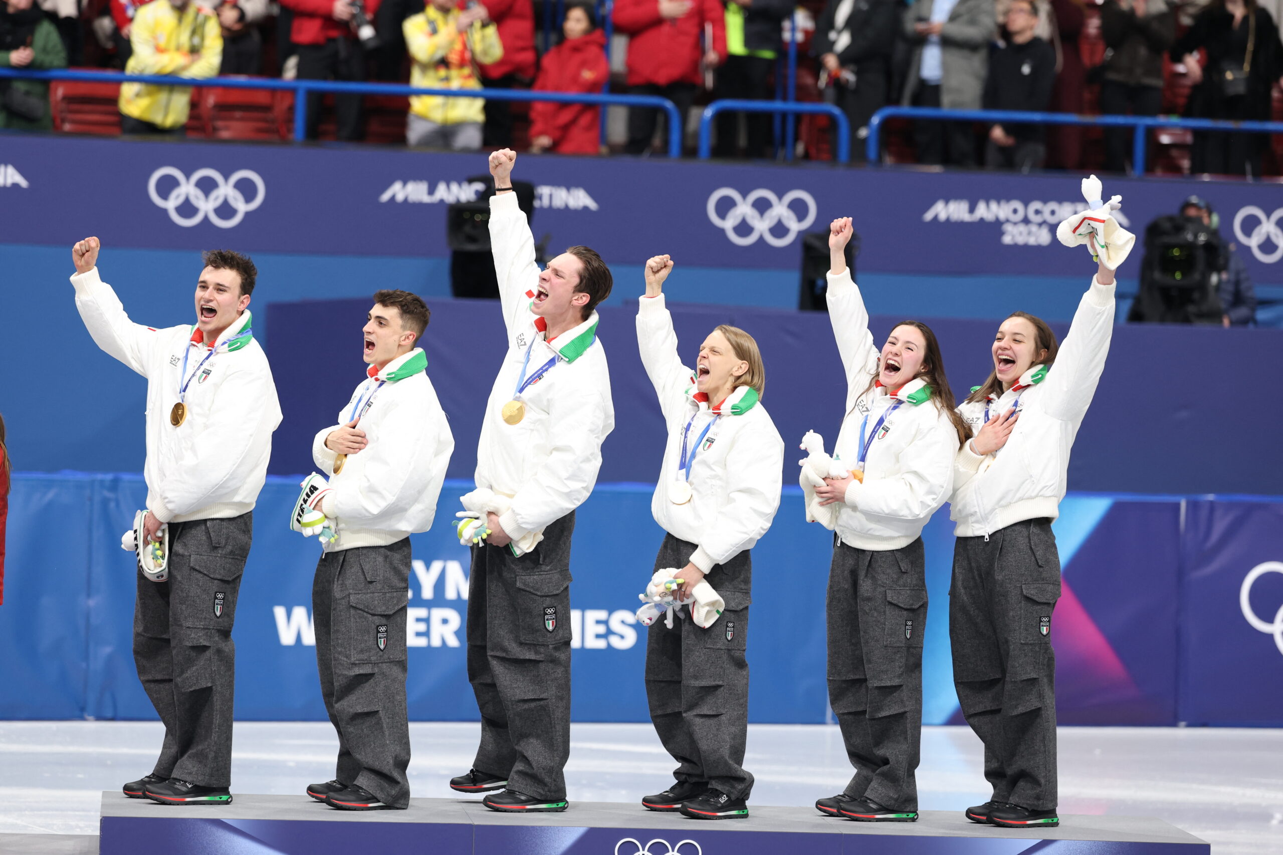 Winter Olympics Short Track Speed Skating Mixed Team Podium