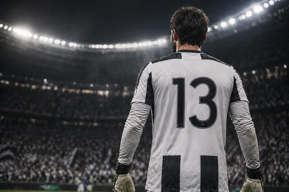 Alisson di spalle con la maglia numero 13 della Juve, immagine creata con intelligenza artificiale