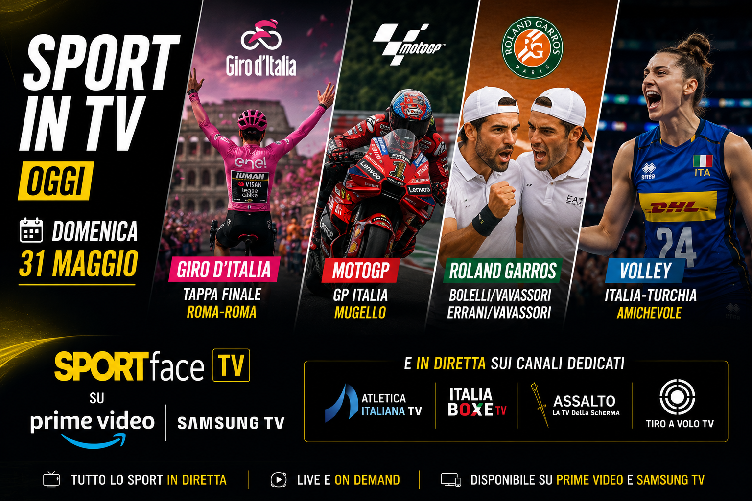 Sport in tv 31 maggio Sportface