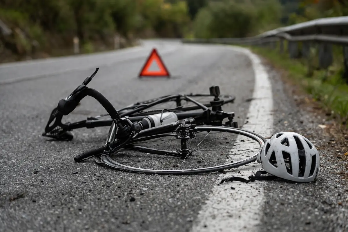 Bicicletta da corsa a terra, vicino un casco, dopo una caduta