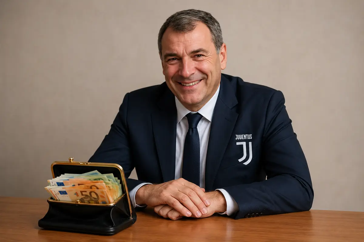 Persona somigliante all'ad della Juve Comolli con davanti un portafoglio pieno di soldi