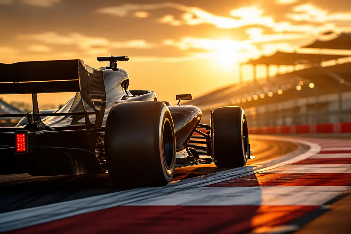 Una macchina di Formula 1 al tramonto su un circuito