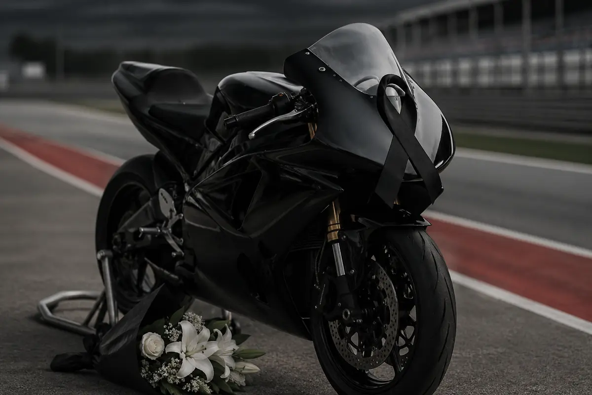 Moto listata a lutto con un mazzo di fiori sull'asfalto