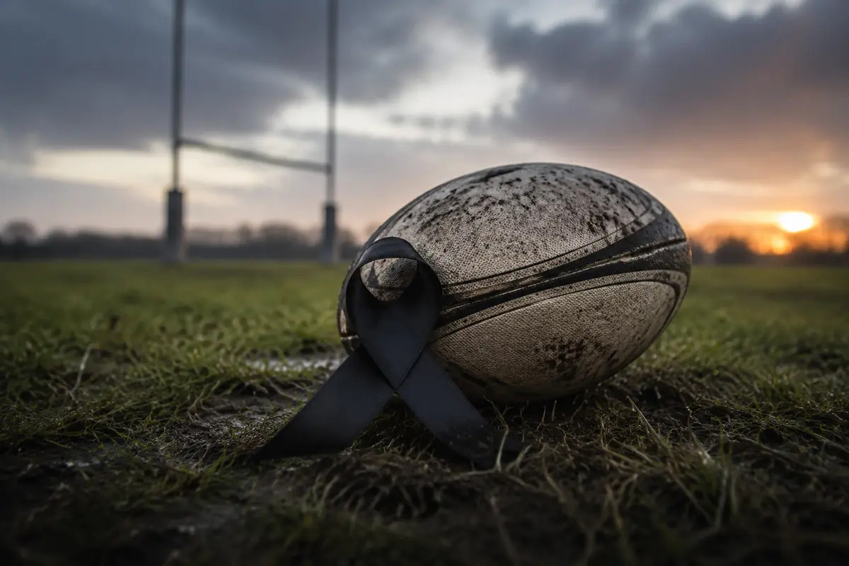 Pallone da rugby listato a lutto su un campo da gioco