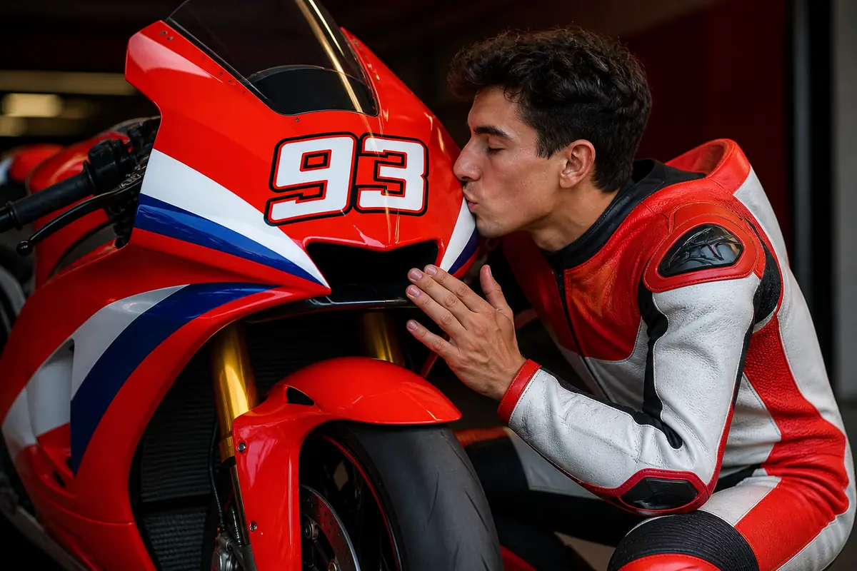 Marquez bacia il cupolino di una Honda col numero 93, immagine creata con intelligenza artificiale