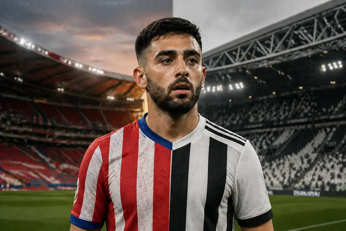 Persona somigliante a Nico Gonzalez con metà maglia Atletico e metà Juve