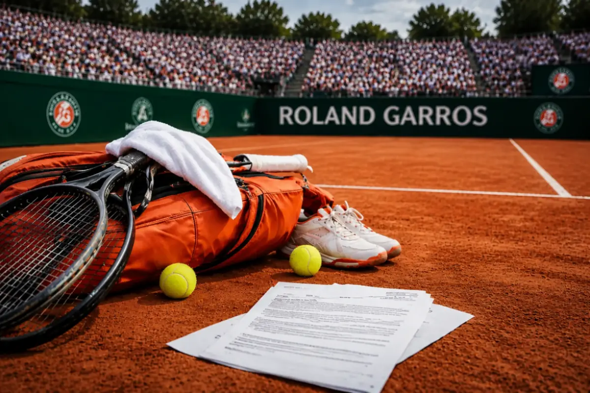 Palline da tennis, racchetta e scarpe su un campo del Roland Garros