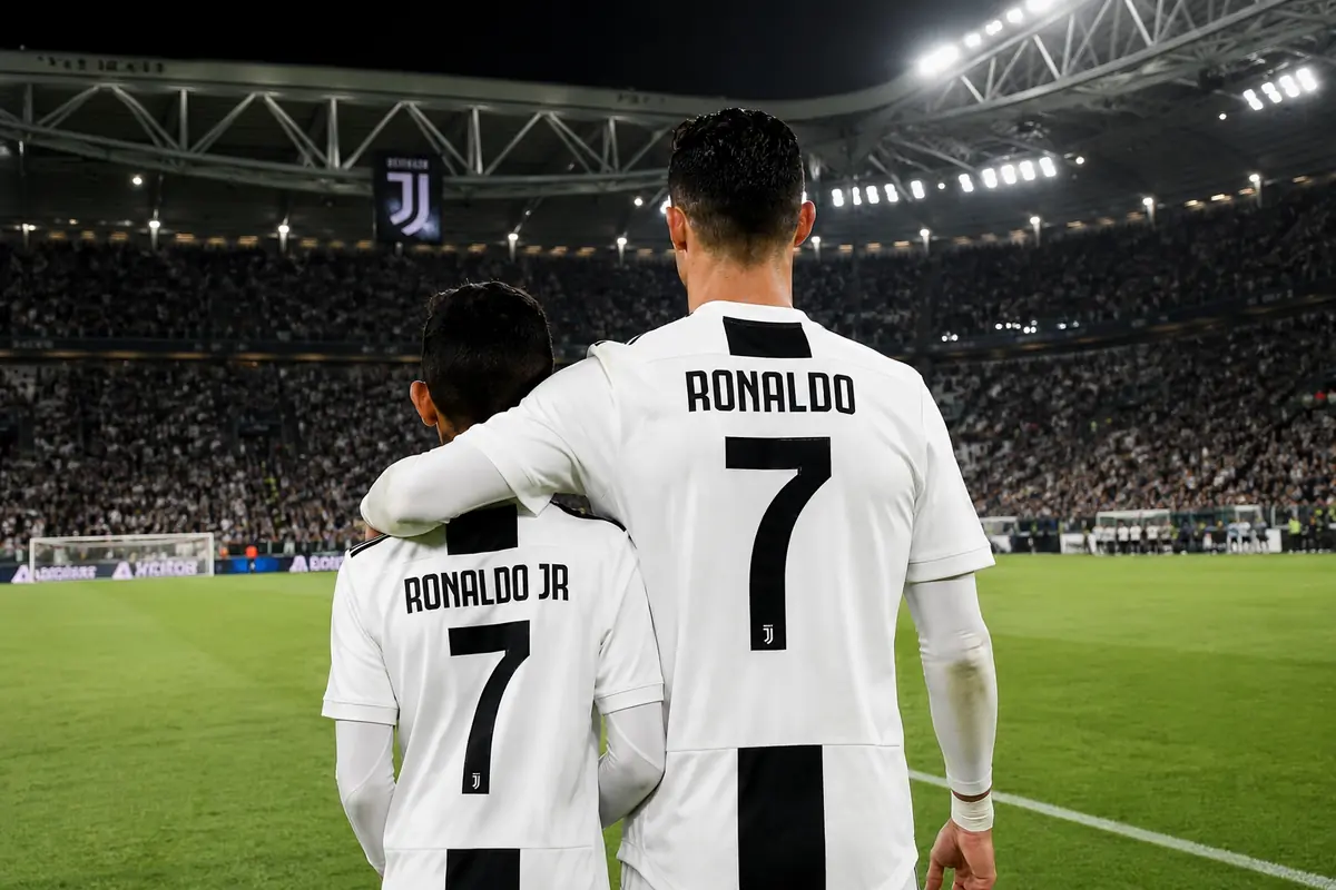 Cristiano Ronaldo e suo figlio abbracciati allo Juventus Stadium, immagine creata con intelligenza artificiale
