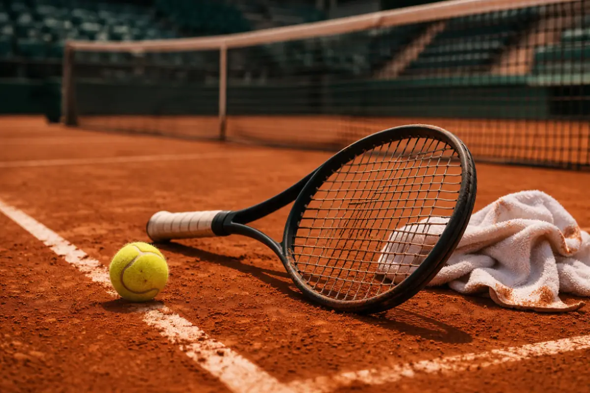 Una racchetta e una pallina da tennis su un campo in terra rossa