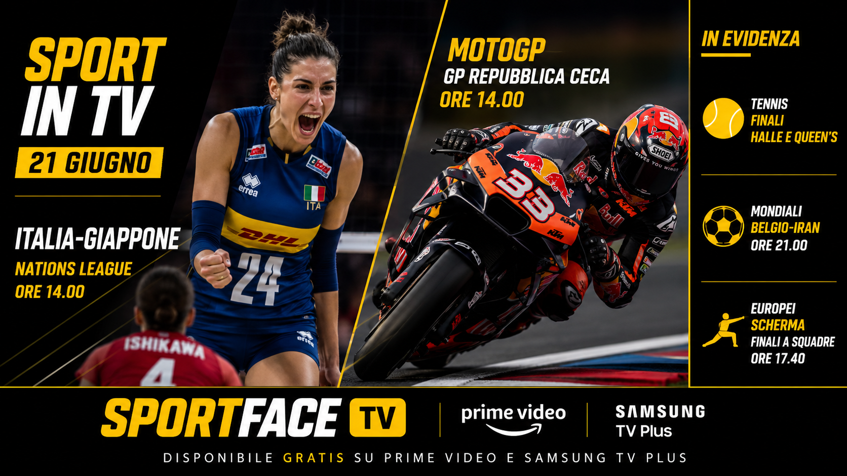 Sport in tv oggi, 21 giugno Sportface