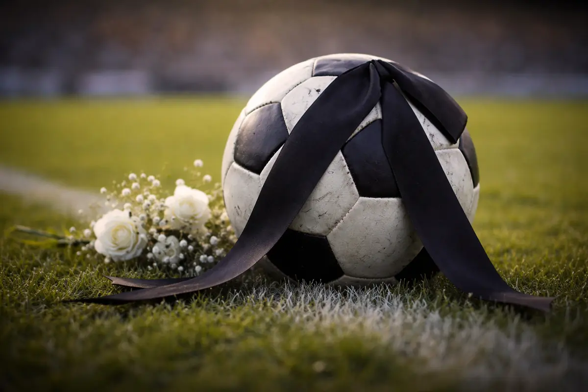 Pallone da calcio listato a lutto e un mazzo di fiori sul campo